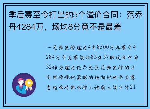 季后赛至今打出的5个溢价合同：范乔丹4284万，场均8分竟不是最差