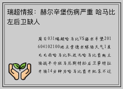 瑞超情报：赫尔辛堡伤病严重 哈马比左后卫缺人